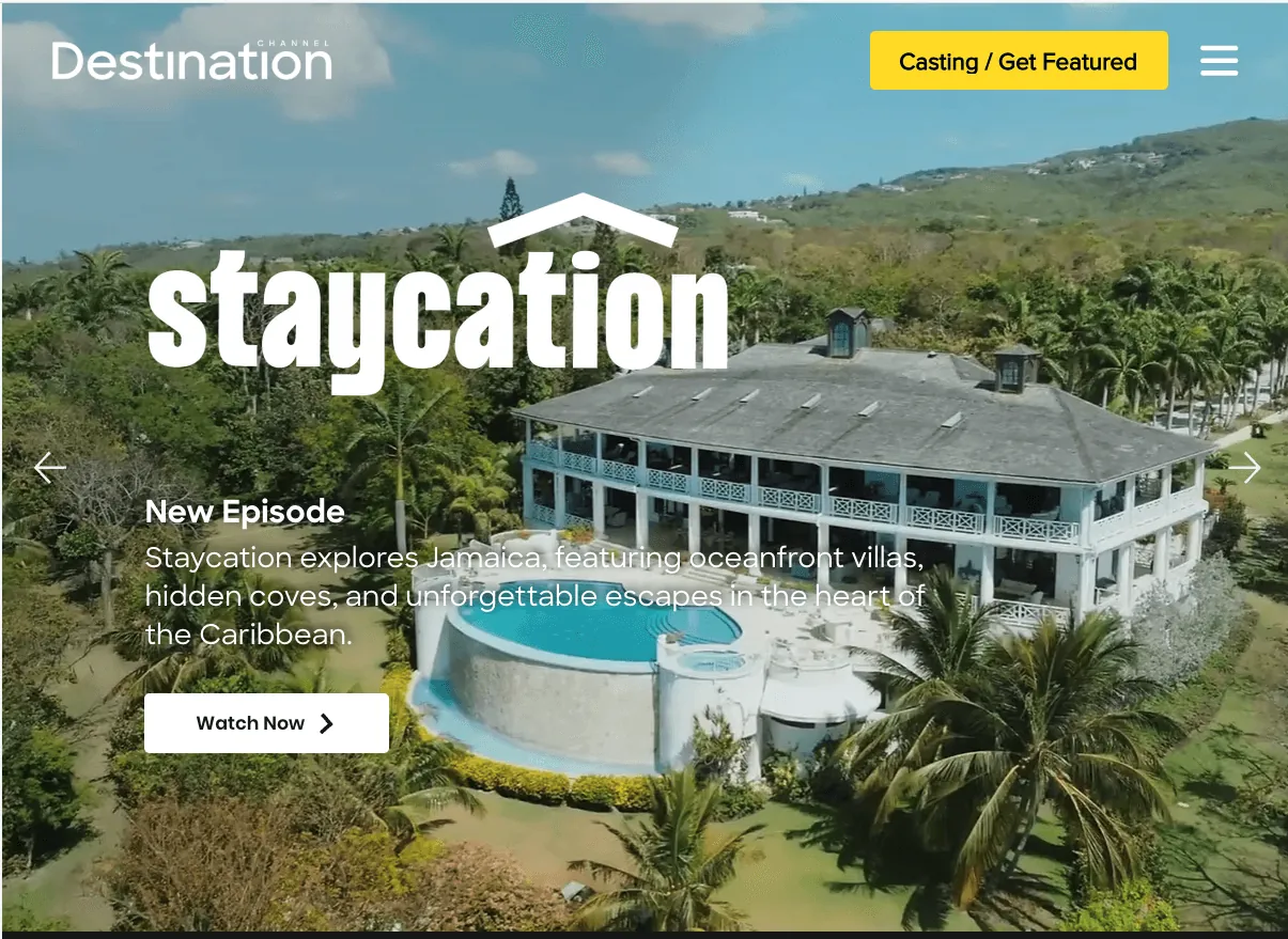 Staycation title over an aerial view of a Caribbean villa
