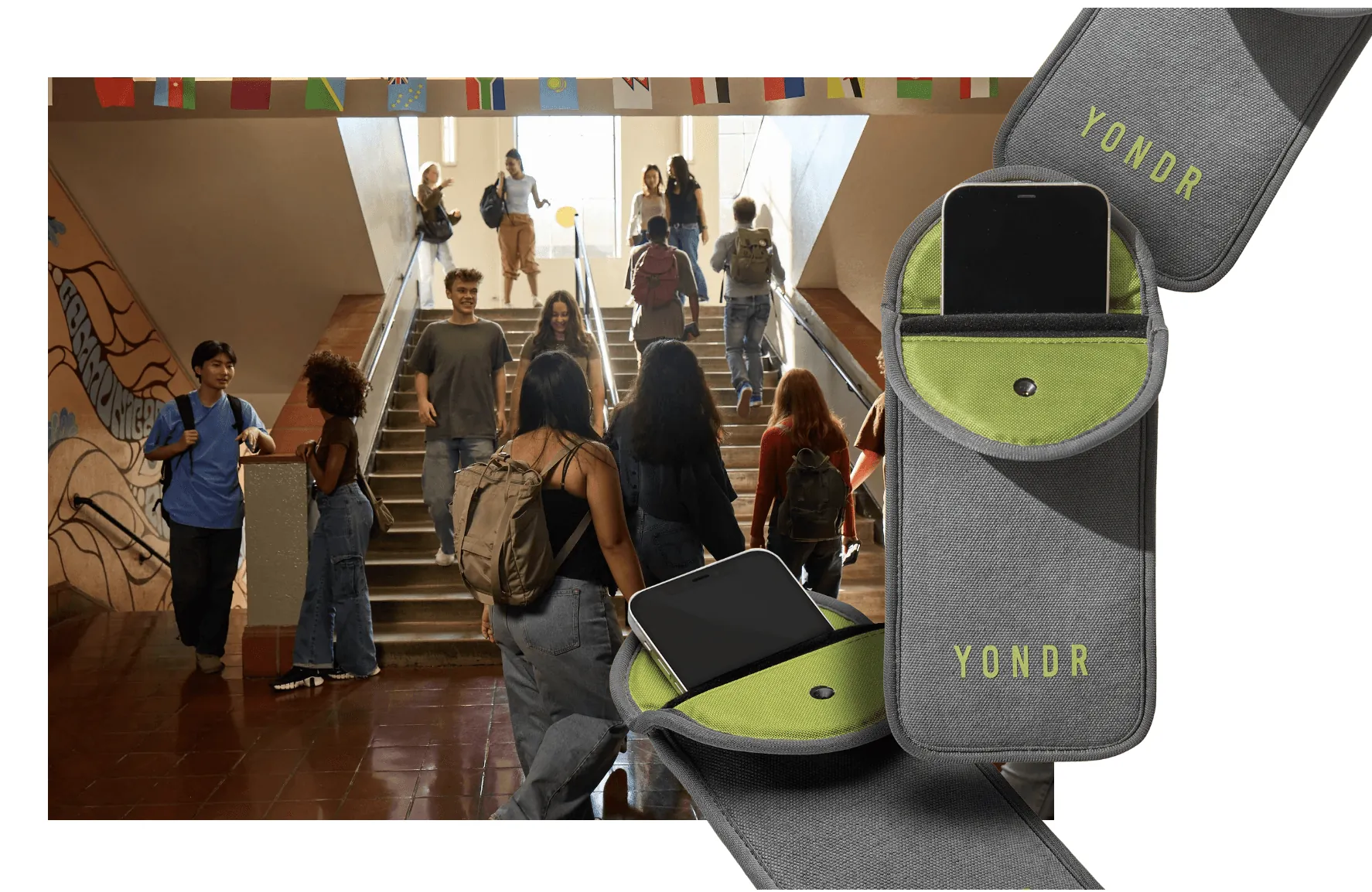 Students on a school staircase beside Yondr phone pouches